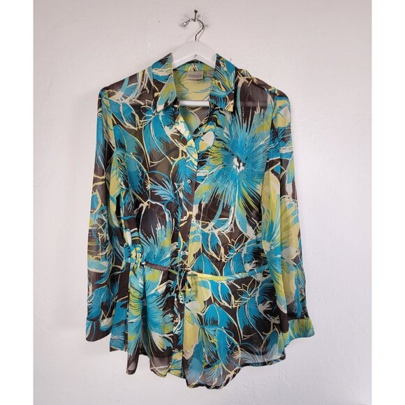 Chico's Women's Sheer Blouse Tunic Long Sleeve Waist Drawstring Floral Size 2 - Picture 1 of 7
